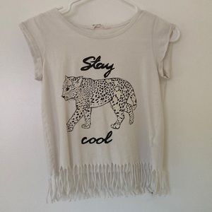 H and M Girls Stay Cool cheetah shirt with fretted ends.